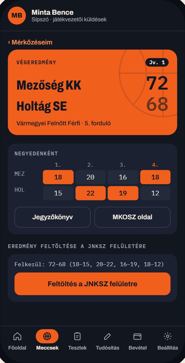 Mérkőzés képernyő végeredménnyel és negyedekkel