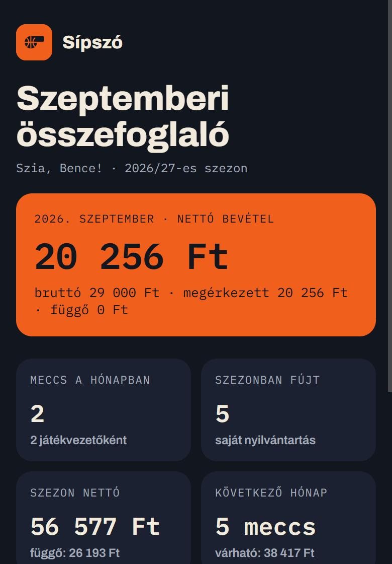 Havi összefoglaló e-mail: nettó bevétel, meccsek száma, szezon állása